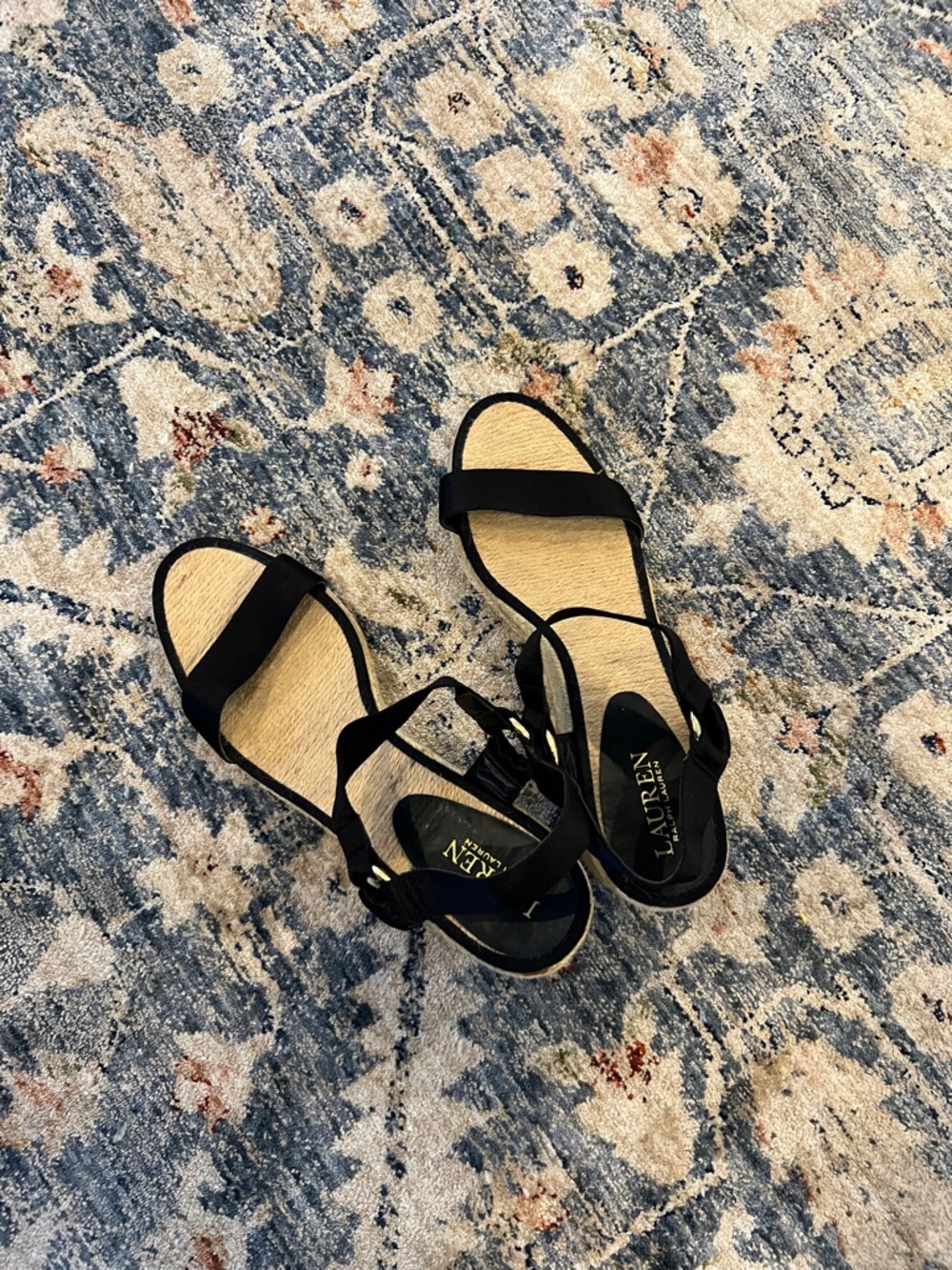 Ralph Lauren Black Espadrille Ankle-Strap Wedge Sandals - Picture 10 of 11